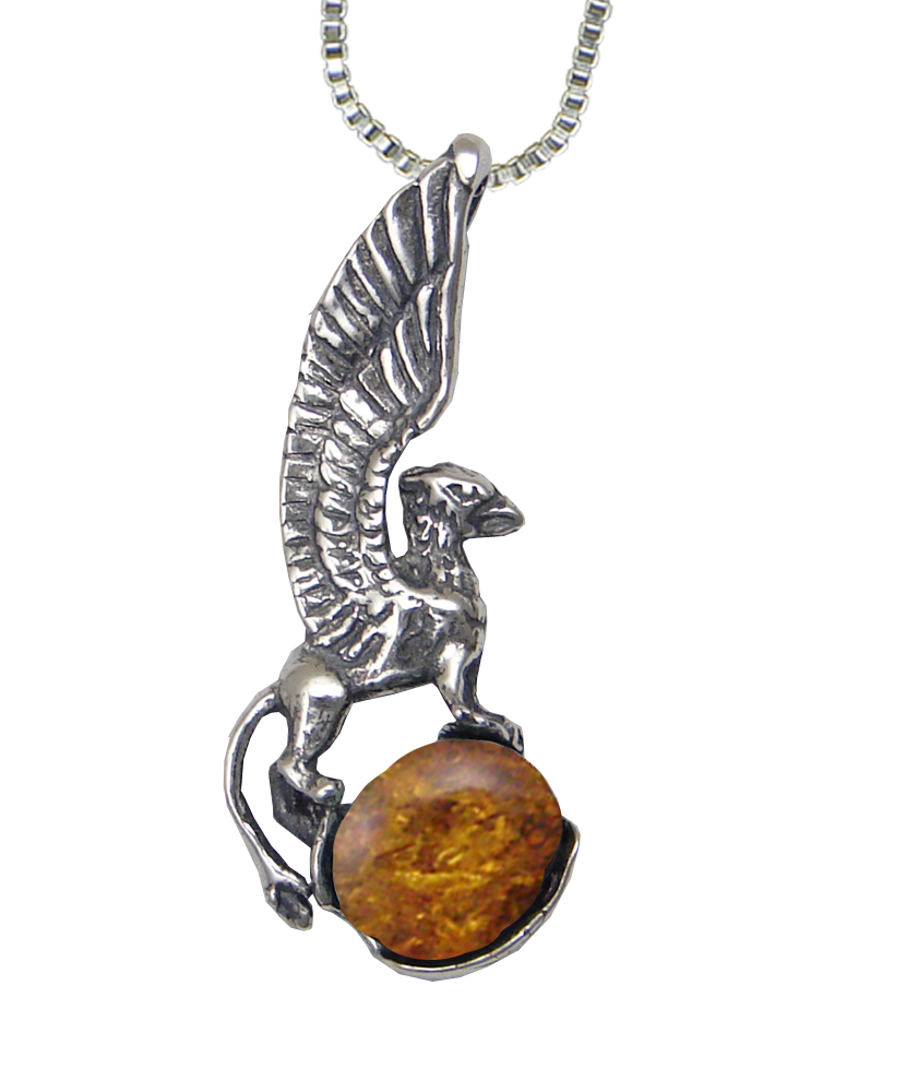 Sterling Silver Regal Griffin Pendant With Amber